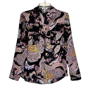 Express Womens Blouse M Paisley Button Front Portofino Shirt Roll Tab Sleeve